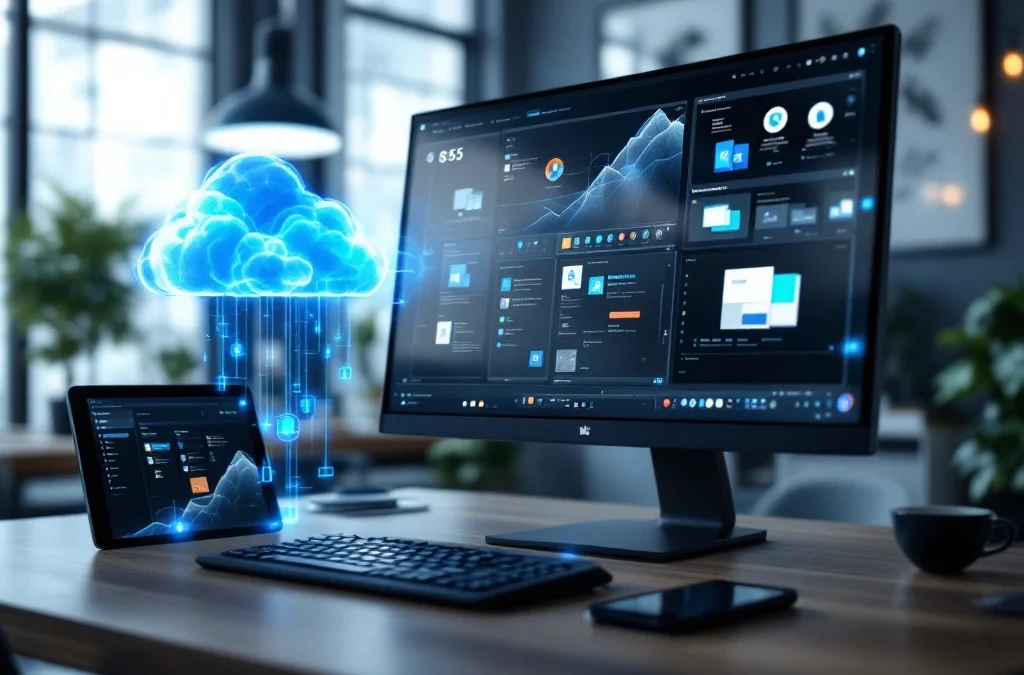 Moderne werkruimte met Microsoft 365 op meerdere schermen, verbonden door blauwe cloudelementen. Smartphone en tablet tonen apparaatoverschrijdende functionaliteit.