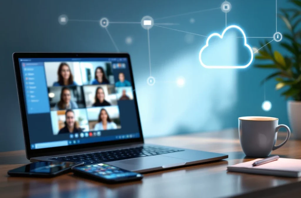 Professioneel bureau met laptop, smartphone en tablet die Microsoft Teams-vergadering tonen, verbonden door digitale lijnen op blauwe achtergrond, met koffiekop en notitieboek.