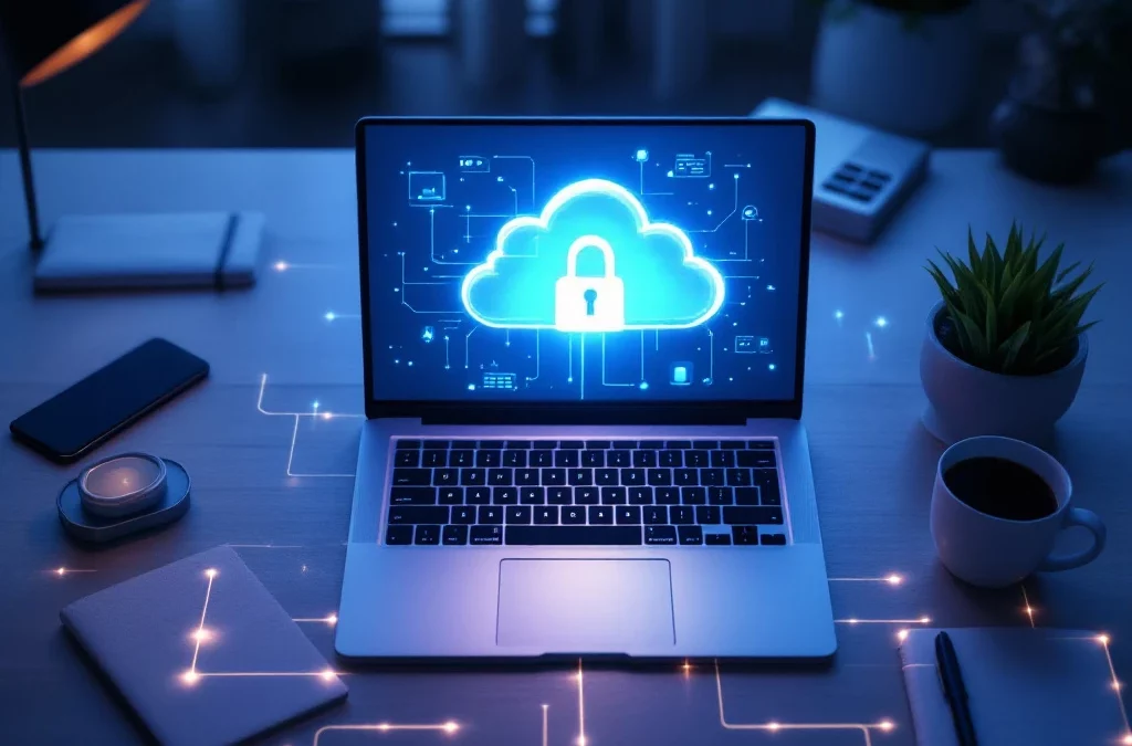 Modern thuiskantoor met laptop die cloudbeveiliging toont via hangslotpictogram. Werkplek met minimalistisch design en blauwe beveiligingstinten.