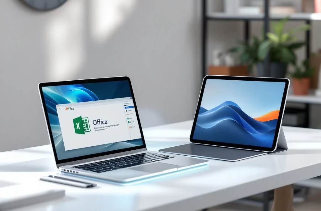 Apple MacBook en iPad op wit bureau met Microsoft Excel en Word, verbonden door blauwe lichtstraal die cloudsyncing symboliseert in minimalistisch kantoorinterieur.