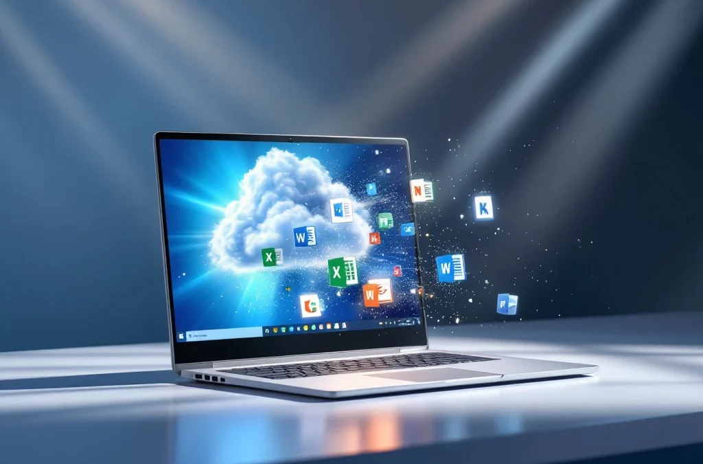 Moderne Chromebook met Microsoft Office 365-toepassingen op het scherm, omgeven door een blauwe cloudachtergrond en zwevende documentpictogrammen die naadloze gegevensintegratie tonen.