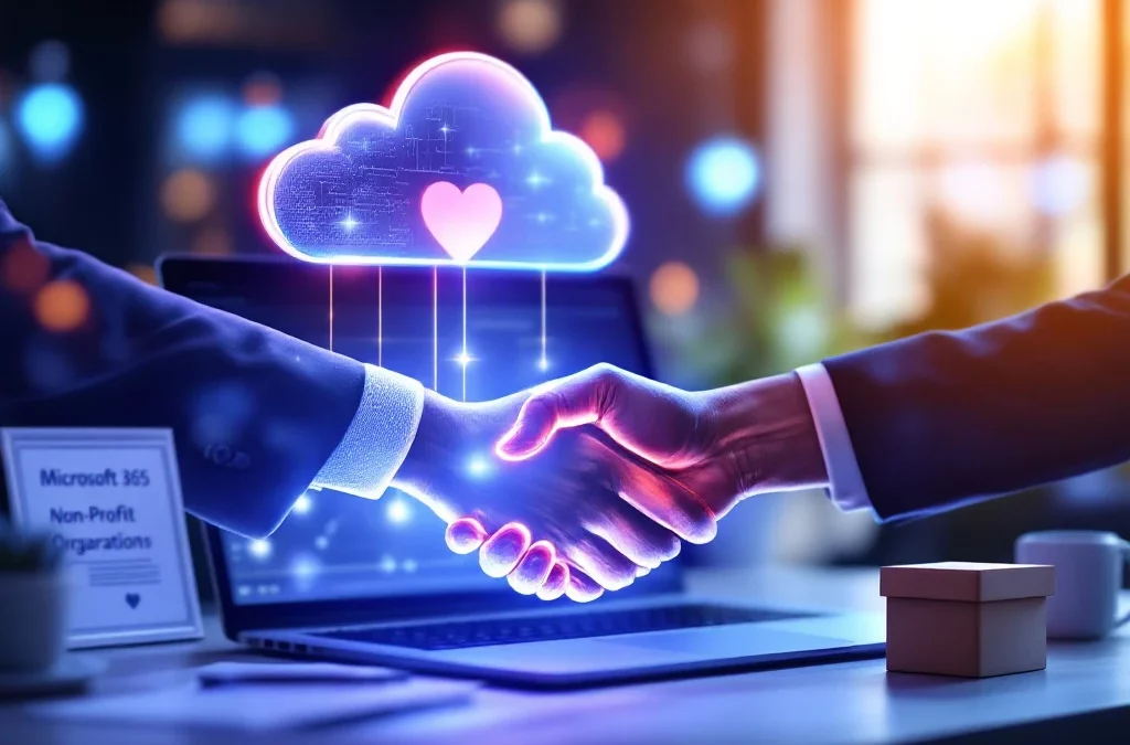 Professionele werkplek met Microsoft 365-laptop, non-profit certificaat en donatieboxje, onder een symbolische cloud met digitale handdruk die technologie voor liefdadigheidswerk toont.