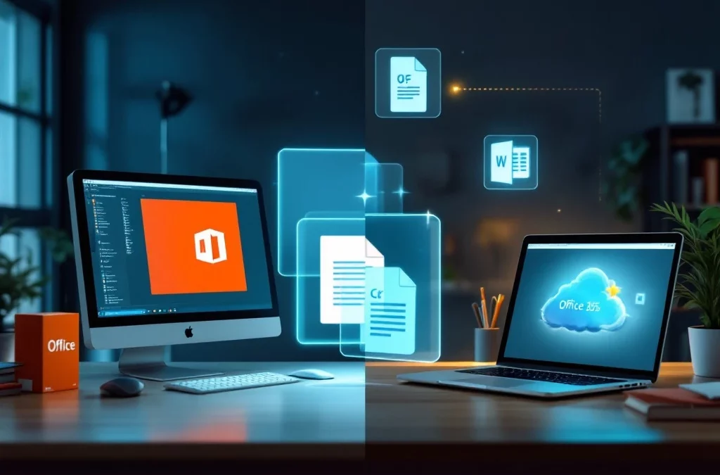 Kantoorwerkplek toont overgang van traditionele Office-software naar moderne Office 365-cloudoplossing met document dat naadloos tussen beide systemen beweegt.