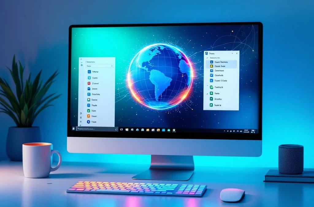 Office 365 dashboard met Word, Excel en Outlook in Nederlands, Engels, Frans en Duits. Wereldbol verbindt de applicaties. Kleurrijk toetsenbord op voorgrond.