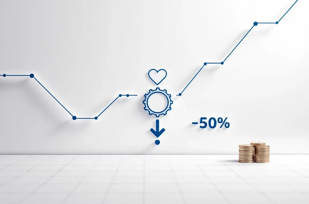 Minimalistische blauwe lijnen verbinden non-profit symbool met tandwiel en pijl, kostenbesparing toont munten en percentageteken voor ICT-diensten aan goede doelen.