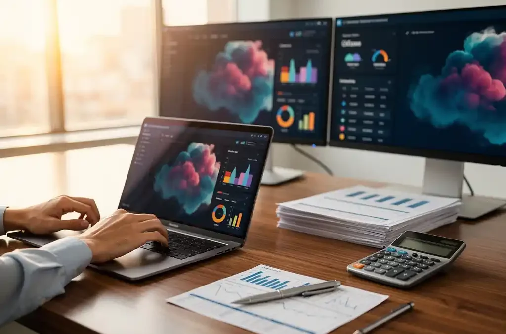 Accountant configureert Microsoft 365 op laptop aan eiken bureau met financiële documenten en rekenmachine
