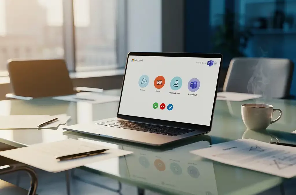 Laptop met Microsoft Teams interface op glazen vergadertafel met notities en koffiekopje in modern kantoor