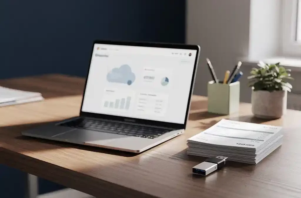 Accountantsbureau met laptop waarop een cloud-dashboard zichtbaar is, papieren facturen naast een USB-stick, natuurlijk licht, nette werkruimte.
