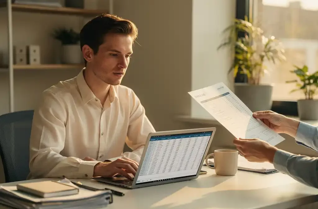 Accountant bekijkt financiële documenten op laptop terwijl collega een rapport aanreikt, modern Nederlands kantoor met warm middaglicht.