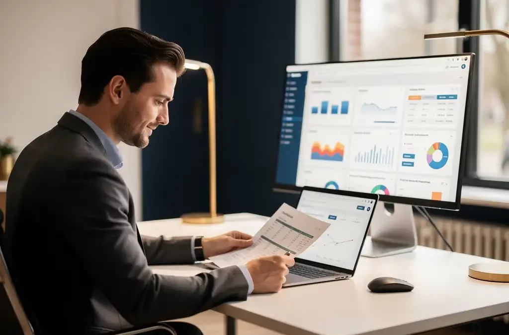 Accountant bekijkt financiële documenten op laptop in modern Nederlands kantoor met clouddashboard op tweede monitor en warm natuurlijk licht.