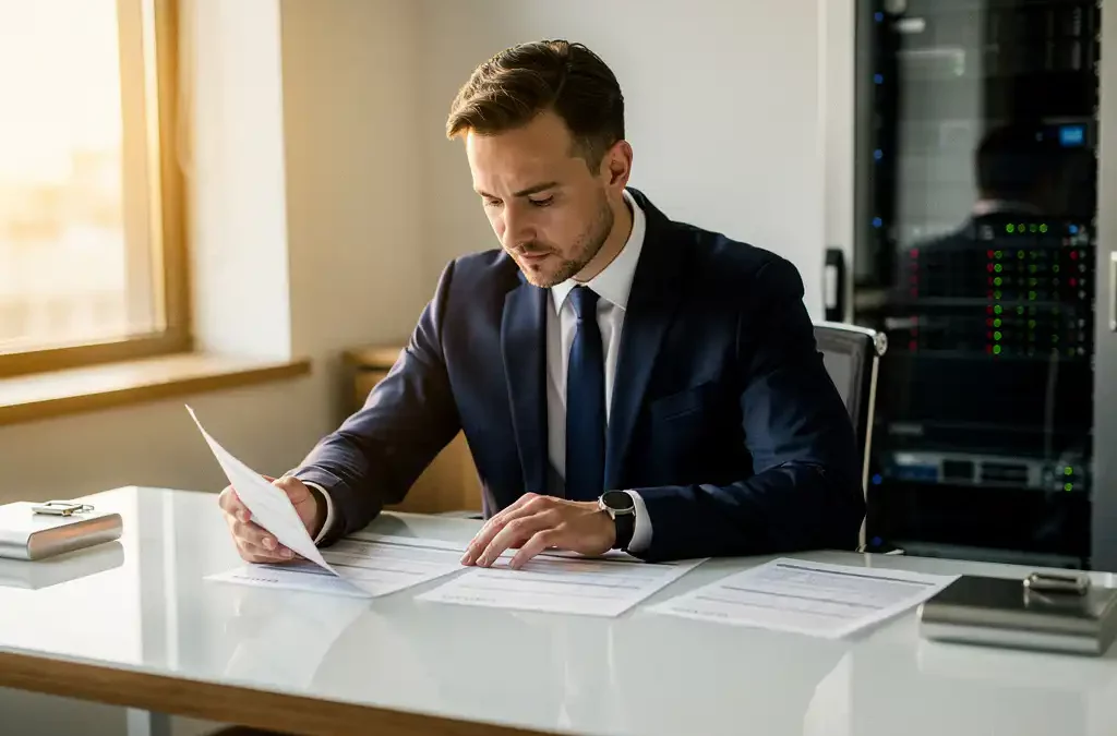 Accountant bestudeert financiële documenten aan modern bureau, met serverrack op de achtergrond in professionele kantooromgeving.