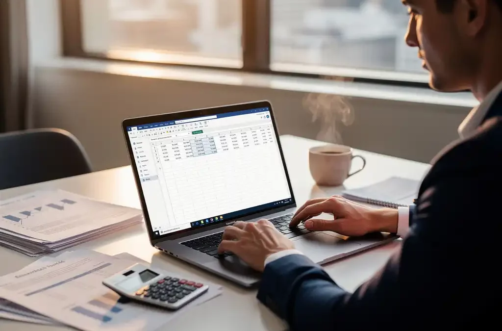 Accountant werkt met Microsoft 365 op laptop aan modern bureau met spreadsheets, financiële documenten en dampende koffie in warm kantoorlicht.