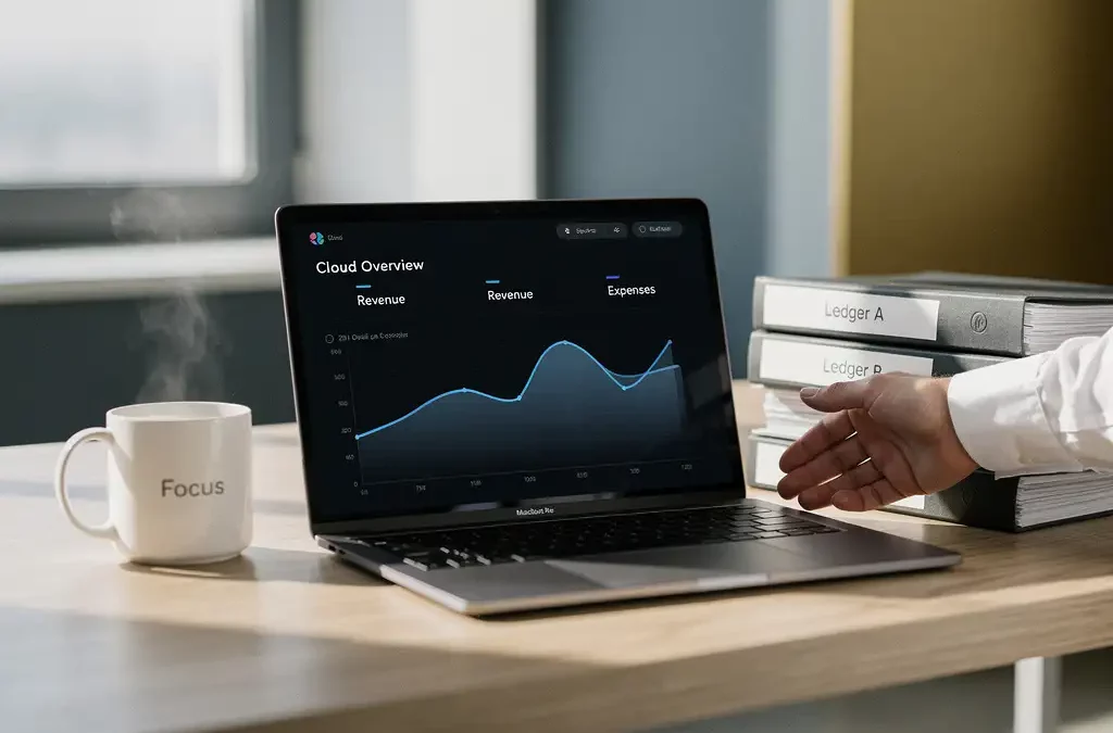 Laptop met cloud-dashboard op bureau van accountant, omringd door papieren grootboeken en dampende koffie in zacht ochtendlicht.