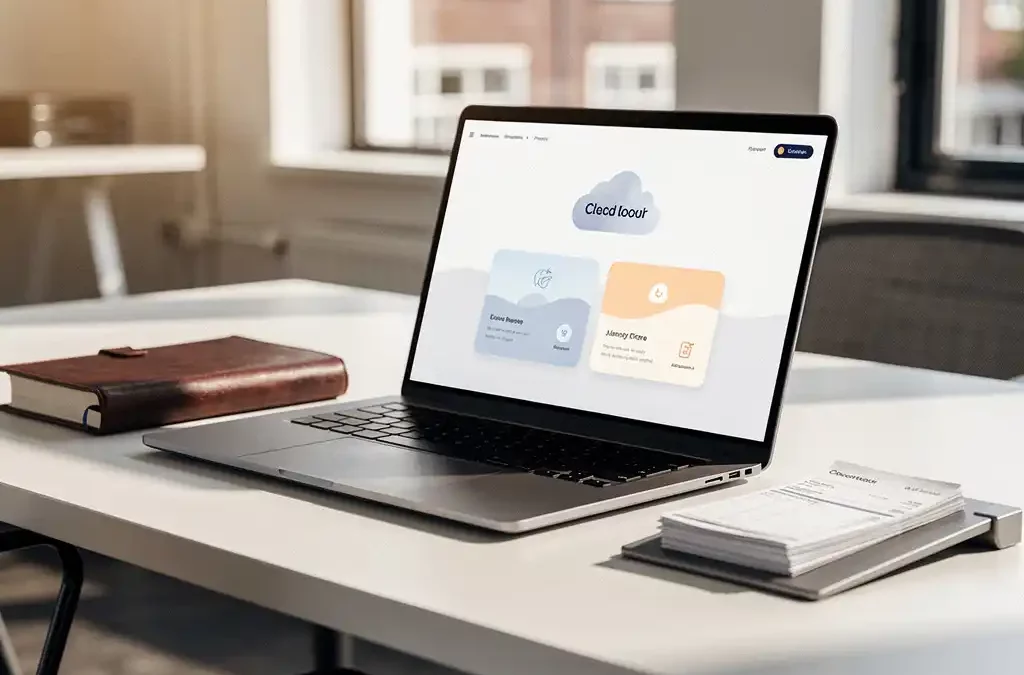 Laptop met cloud-dashboard op opgeruimd boekhoudbureau, naast leren grootboek en papieren facturen, modern kantoor met natuurlijk licht.