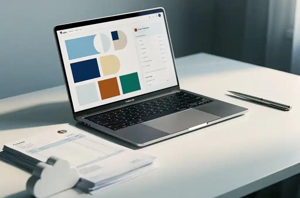 Laptop met boekhoud-dashboard op wit bureau, omringd door facturen, pen en wolkvormige presse-papier in natuurlijk daglicht.