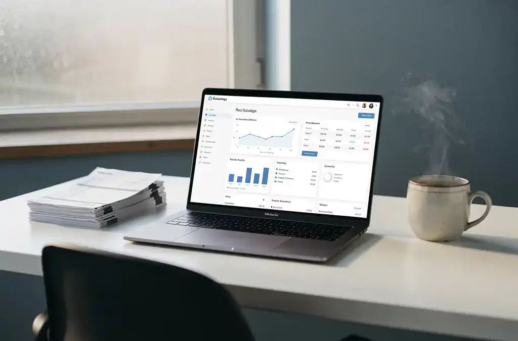 Laptop met boekhoudingsdashboard op wit bureau, omringd door papieren facturen en dampende koffie in zacht natuurlijk licht.
