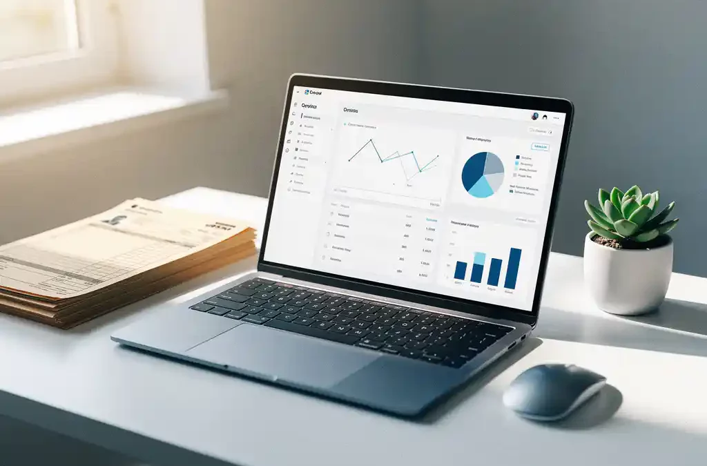 Laptop met boekhoud­dashboard op minimalistisch bureau, omringd door facturen, een succulent en draadloze muis in natuurlijk daglicht.