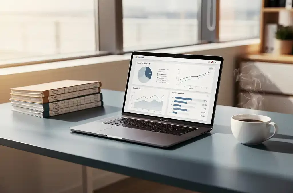 Laptop met boekhoudingsdashboard op minimalistisch bureau, naast fysieke grootboeken en dampende koffie, zacht natuurlijk licht.