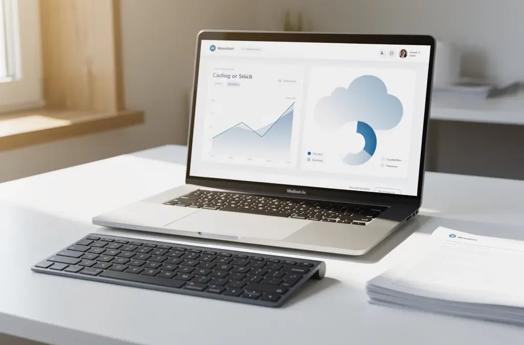 Laptop met cloud-dashboard op wit bureau, papieren documenten opzijgeschoven, natuurlijk zijlicht en draadloos toetsenbord.