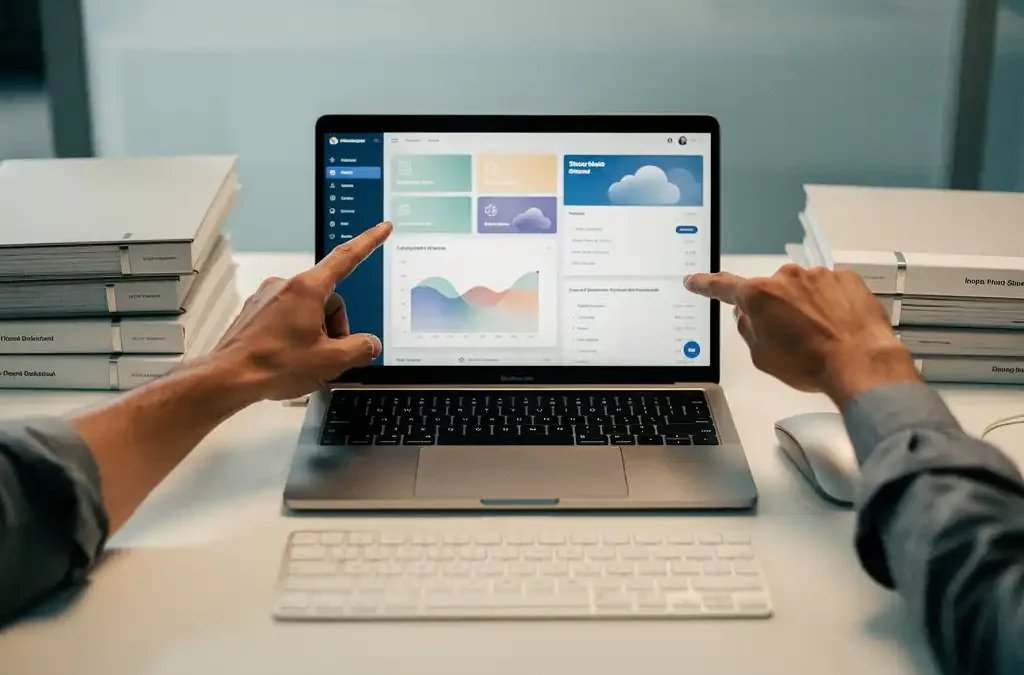Twee collega's werken samen aan een cloud-dashboard op laptop, omringd door financiële grootboeken op een wit bureau.