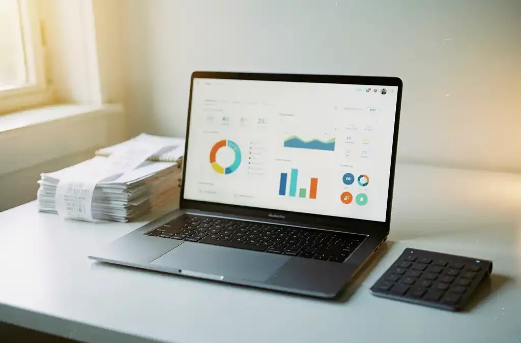 Laptop met digitaal boekhoudingsdashboard op wit bureau, papieren administratie opzijgeschoven, natuurlijk licht vanuit raam.