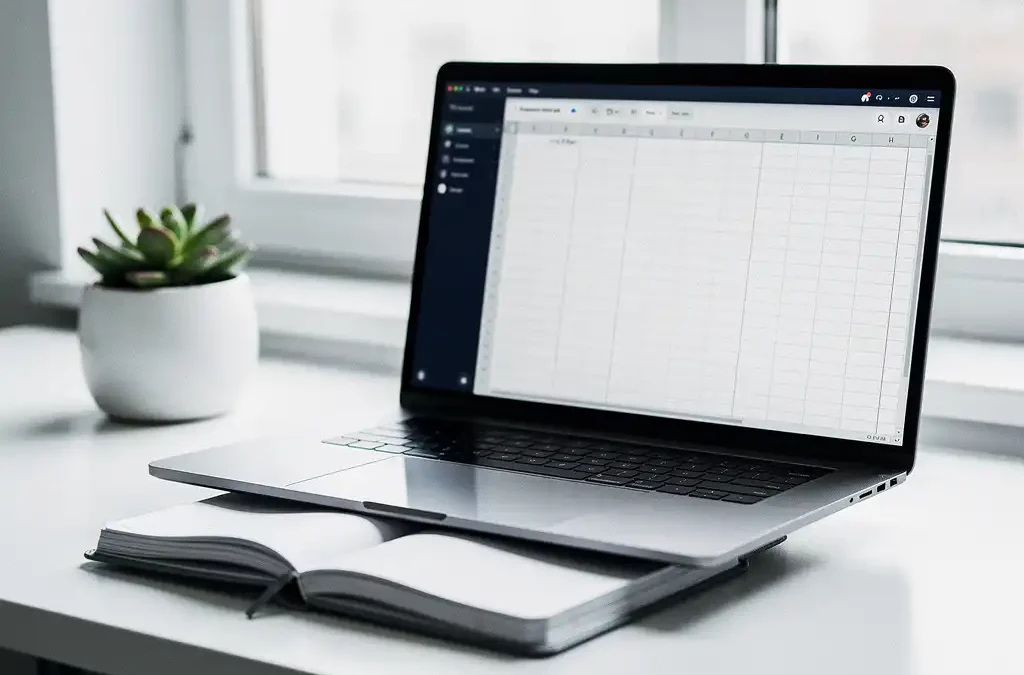 Laptop met digitale spreadsheet op minimalistisch wit bureau naast gesloten papieren grootboek en kleine vetplant.