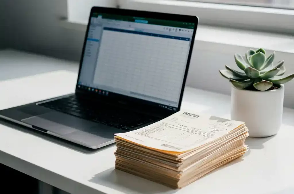 Laptop met digitale spreadsheet naast gestapelde papieren facturen op wit bureau, met klein vetplantje in natuurlijk zijlicht.
