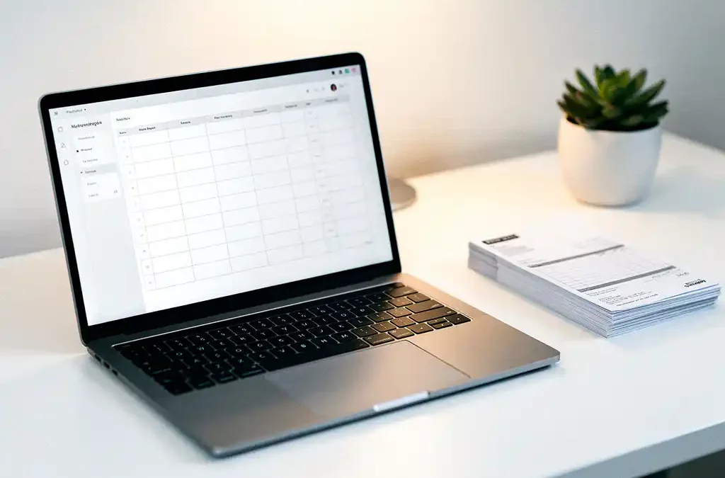Laptop met digitale spreadsheet op wit bureau naast een stapel papieren facturen en een kleine vetplant.