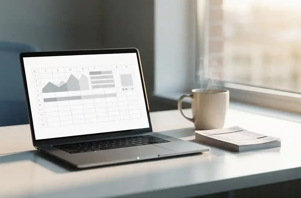 Laptop met digitale spreadsheet op minimalistisch wit bureau, naast papieren facturen en een koffiemok in zacht ochtendlicht.