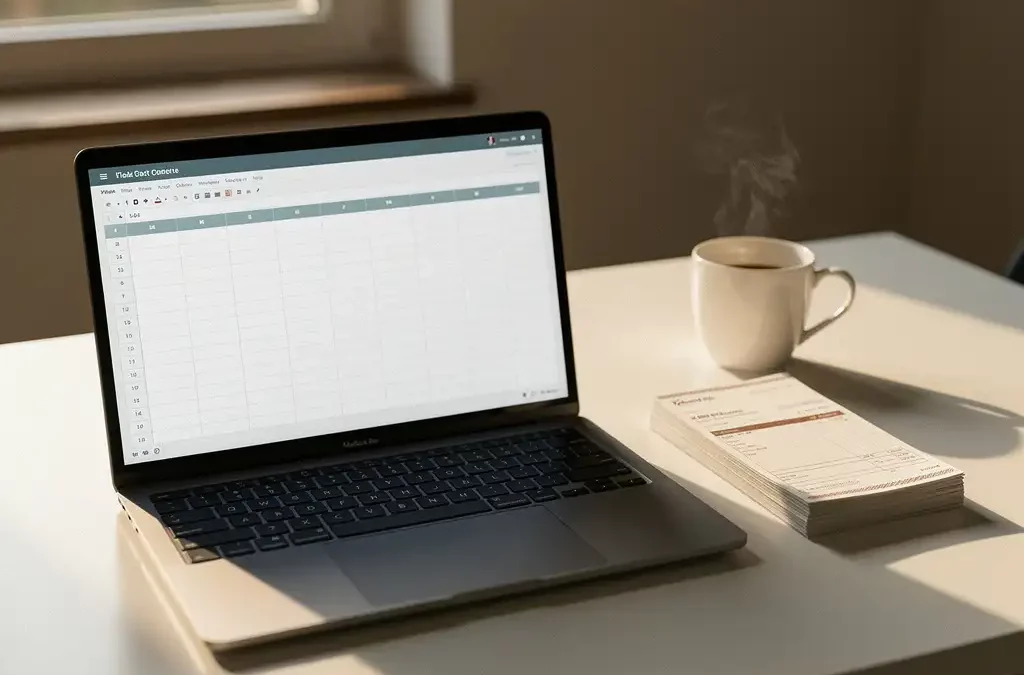 Laptop met spreadsheet op wit bureau naast papieren facturen en dampende koffie, zacht ochtendlicht.