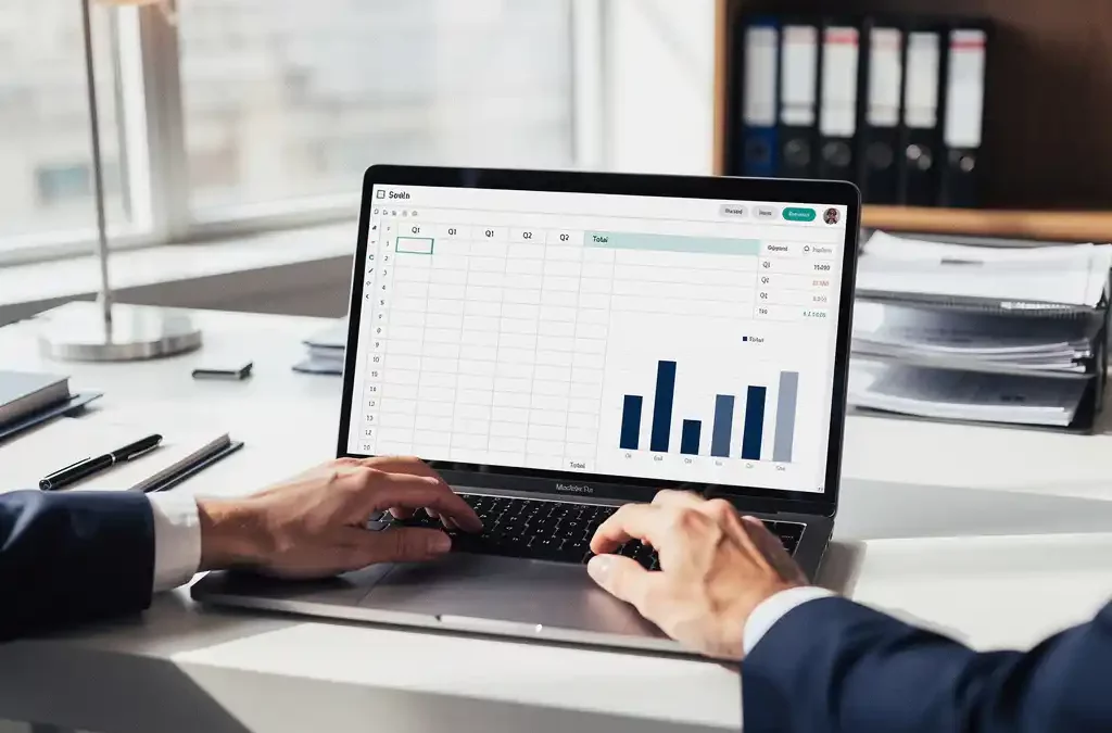 Twee mensen werken samen aan een financiële spreadsheet op een laptop, metoemslagen op de achtergrond in een modern kantoor.