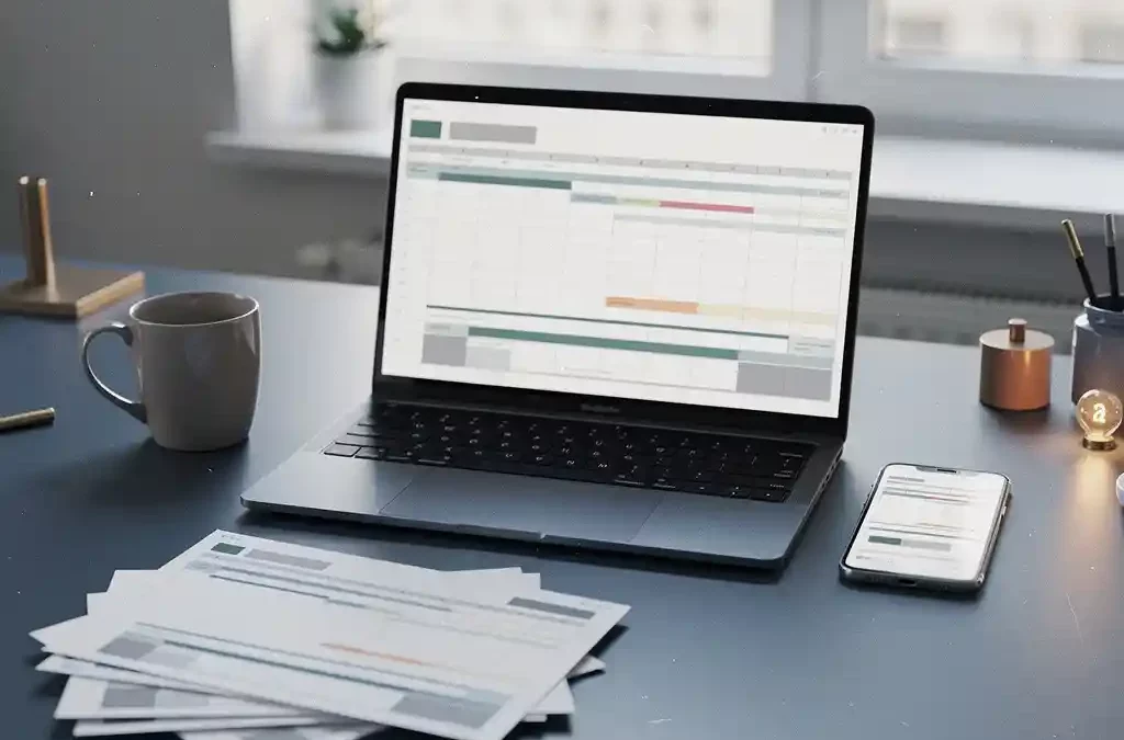 Laptop en smartphone met gedeelde spreadsheet op opgeruimd boekhoudbureau, omringd door facturen en een koffiemok.