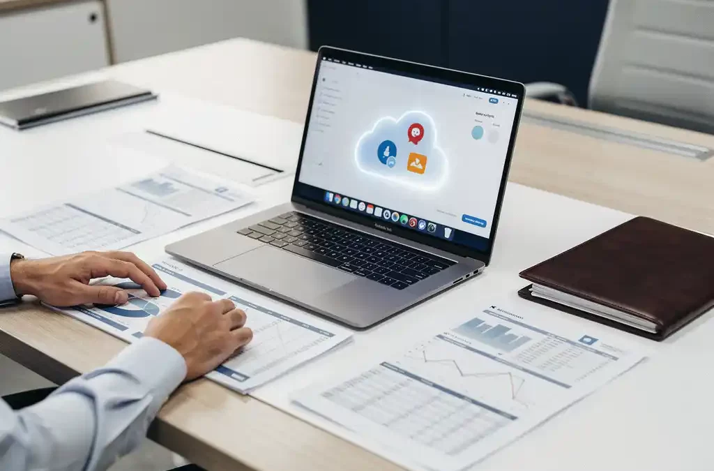 Laptop met gedeelde cloudwerkruimte op wit bureau, omringd door financiële documenten en leren map, collega bekijkt papieren op de achtergrond.