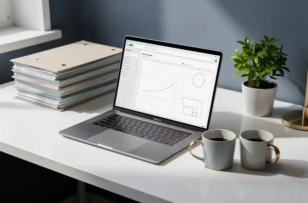 Laptop met gedeelde spreadsheet op modern bureau naast financiële mappen, kamerplant en twee koffiemokken in natuurlijk zijlicht.
