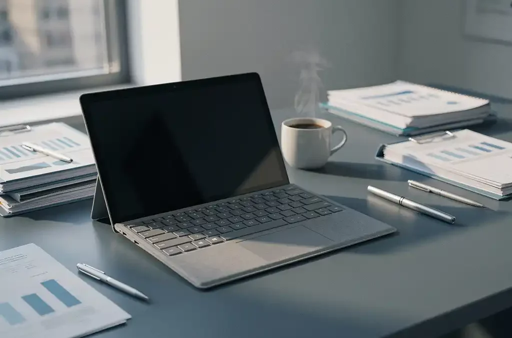 Microsoft Surface laptop op het bureau van een accountant, omringd door financiële mappen en een dampende koffiekop in zacht ochtendlicht.
