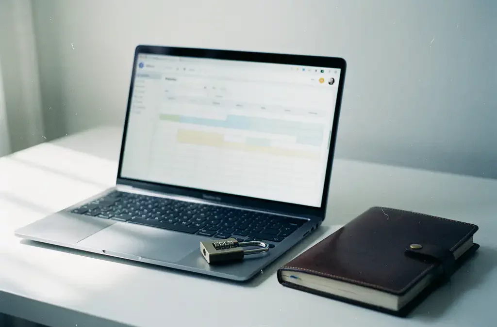 Laptop met digitale spreadsheet op minimalistisch wit bureau, naast leren notitieboek en combinatieslot voor gegevensbeveiliging.