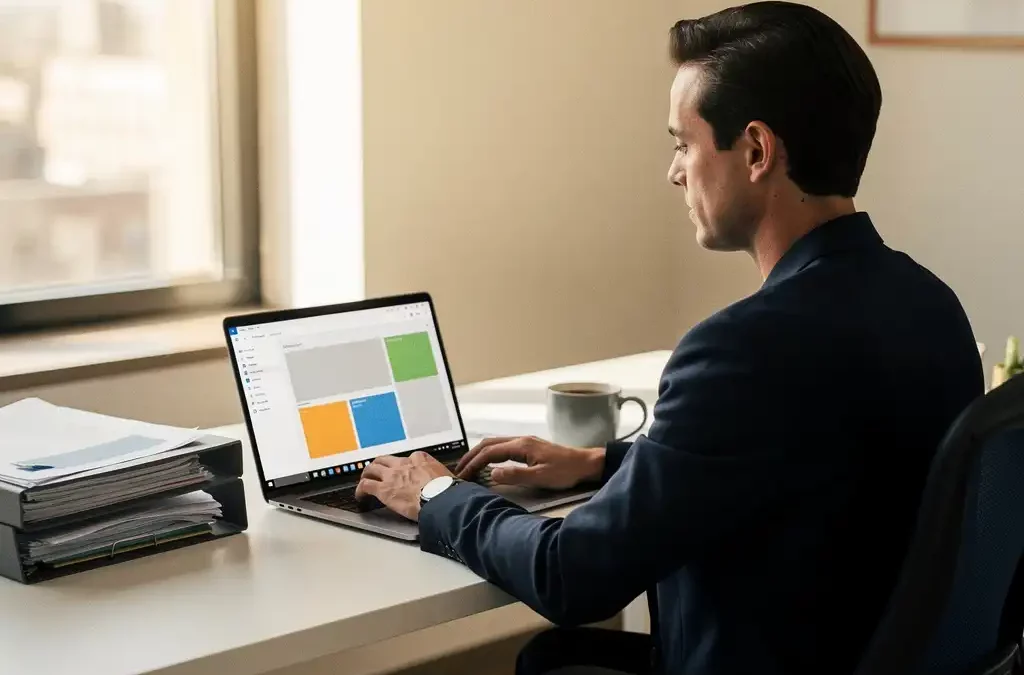 Professional werkt aan Microsoft 365 op laptop aan modern bureau met koffie en mappen, warm kantoorlicht.
