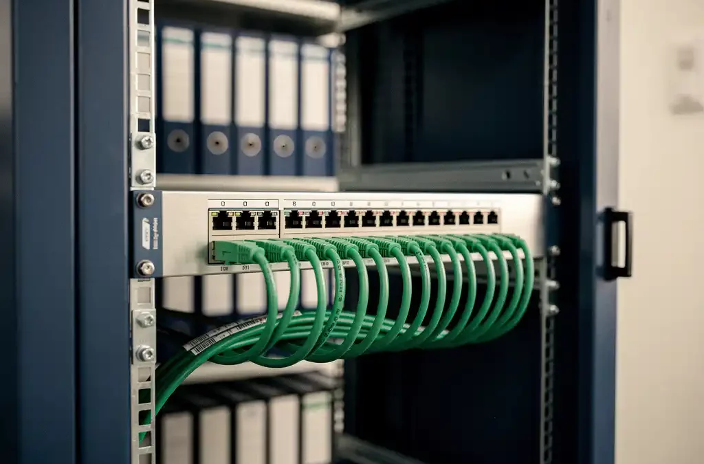 Netwerkswitch met geordende patchkabels in serverrack, kantooromgeving met financiële ordners op achtergrondplanken.