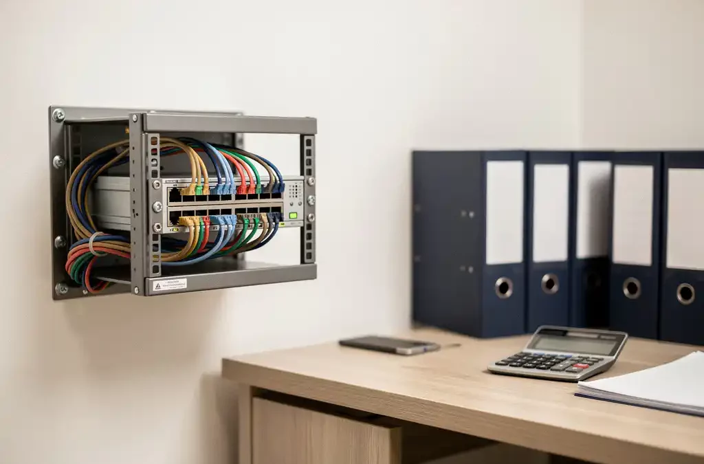 Netwerkswitch met geordende kabelsbundel in serverrack, geplaatst in een modern boekhoudkantoor met ordners en rekenmachine op het bureau.