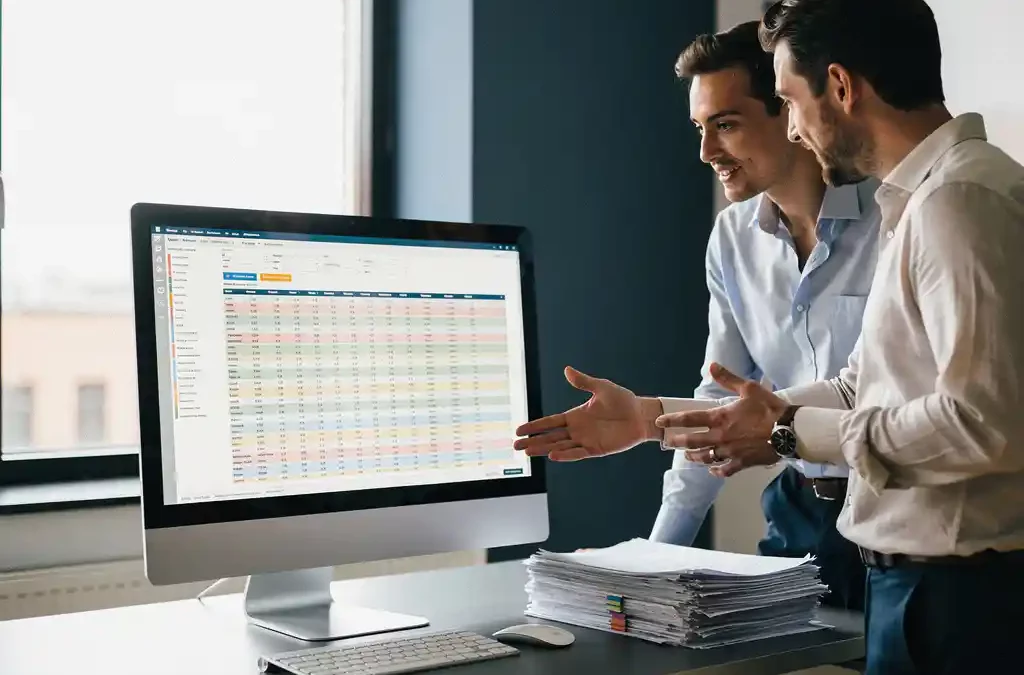 Twee professionals werken samen aan spreadsheets op laptop en monitor in een licht modern Nederlands kantoor.