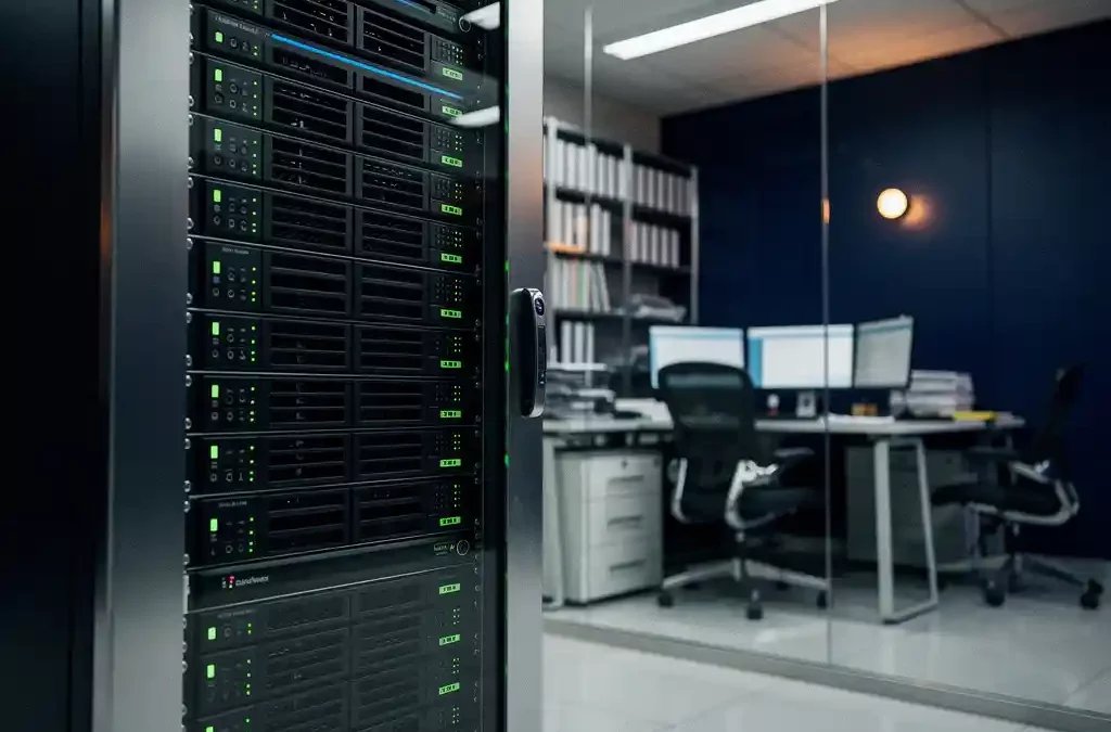 Serverrack met groene statuslampjes in moderne IT-ruimte, met boekhoudkantoor zichtbaar door glazen wand op de achtergrond.