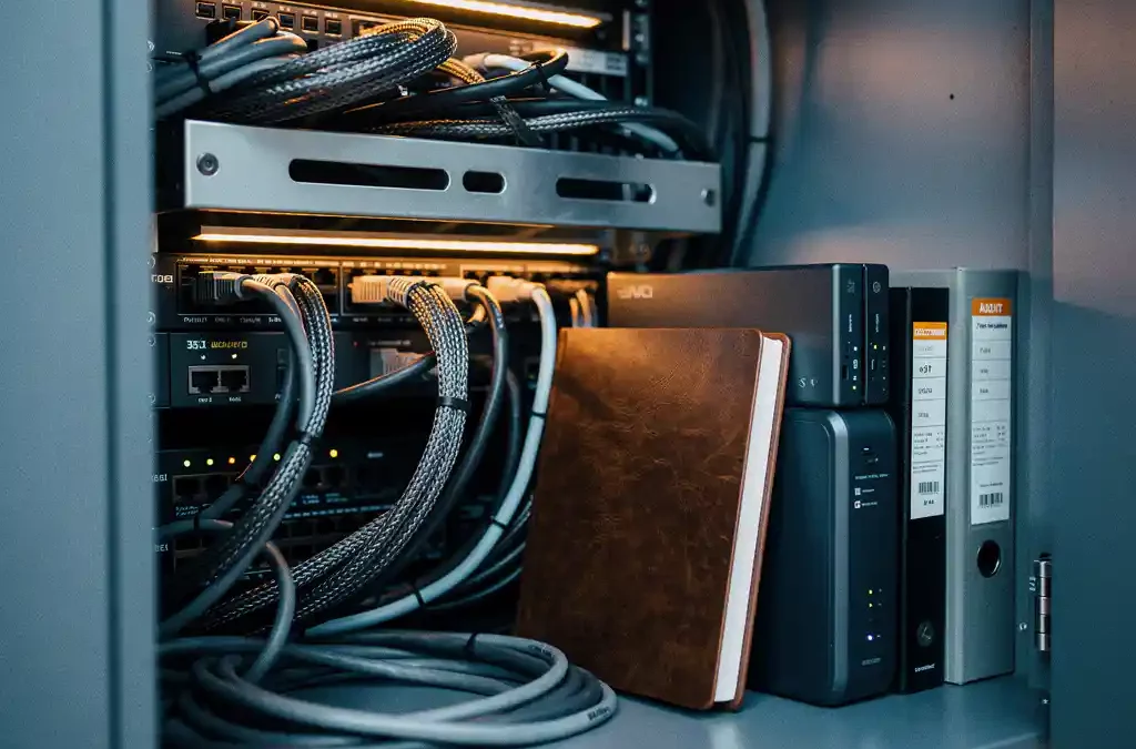 Serverrack met dikke kabelsbundels in een IT-kast, leren auditboek en compliancemappen onder warm amber licht.